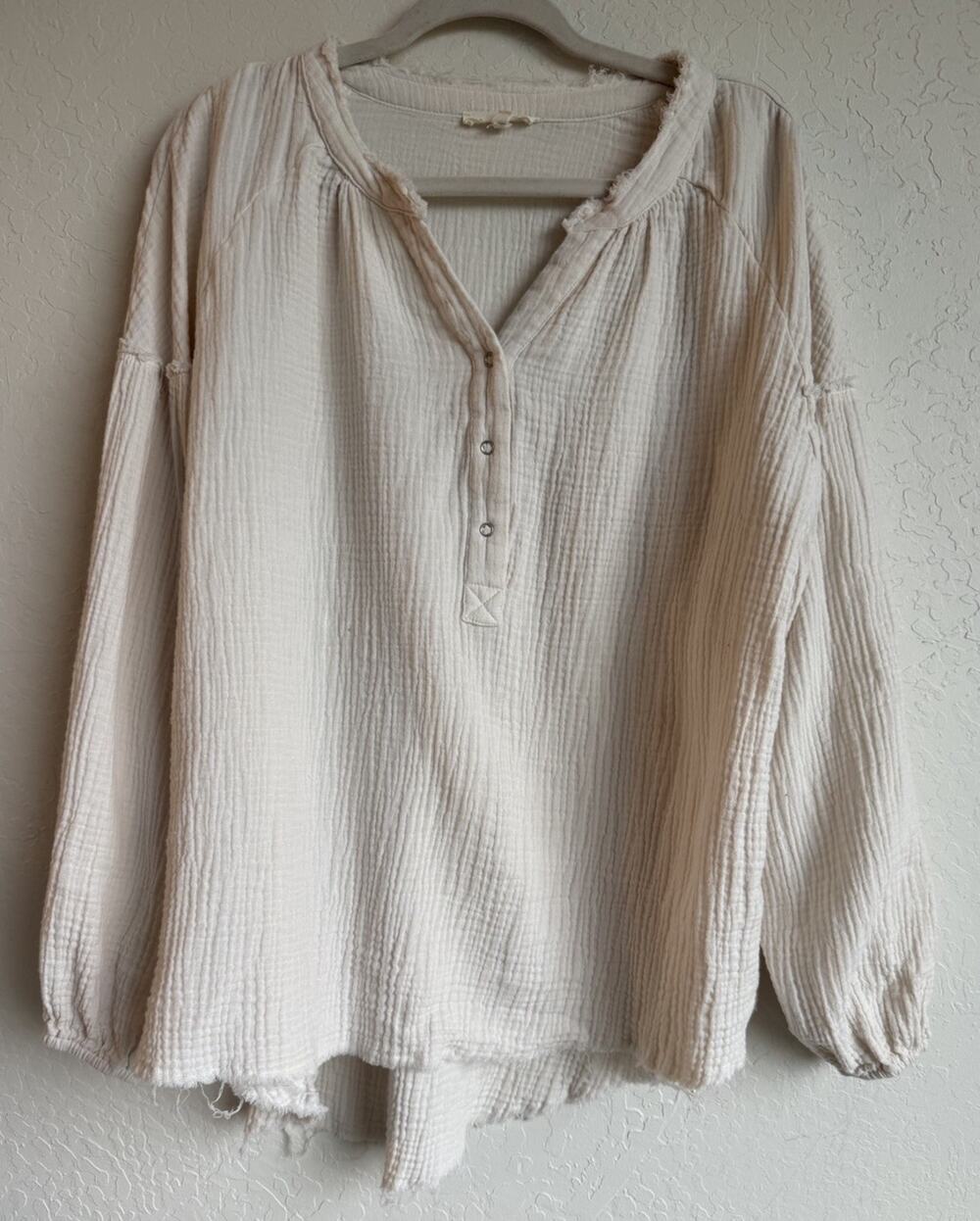 Promesa Crinkle Cotton Henley Top Cream Women’s Size M Lagenlook Oversized Boho